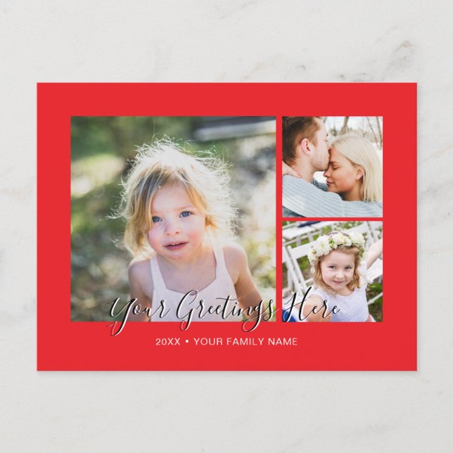 Personalized 3 photos Universal Red Greetings Postcard (Front)