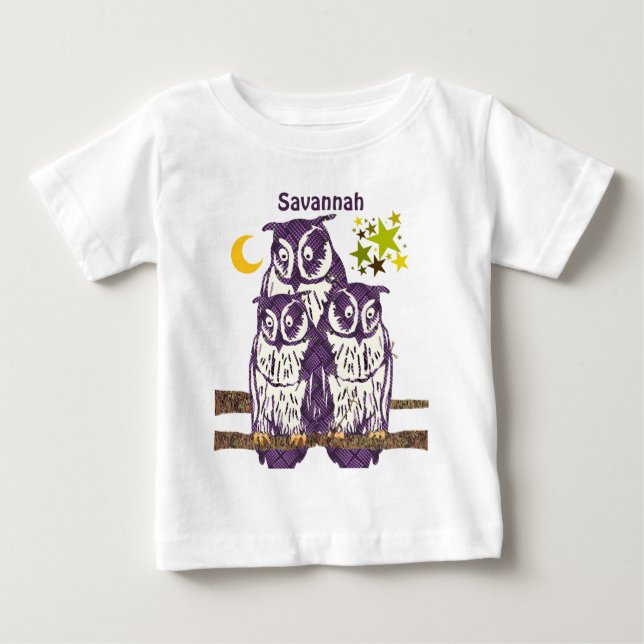 Personalized 3 Purple Owls Moon and Stars Baby T-Shirt (Front)