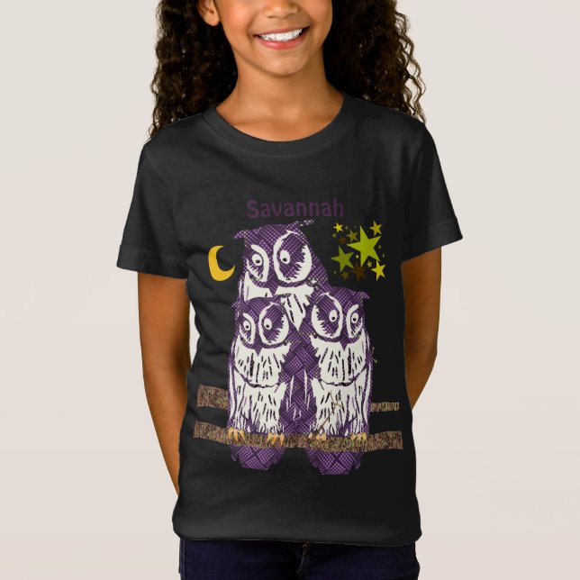Personalized 3 Purple Owls Moon and Stars T-Shirt (Front)