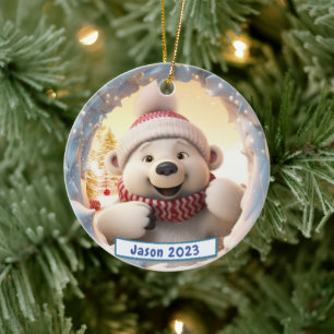 Personalized 3d Breakout Polar Bear Christmas Ceramic Ornament