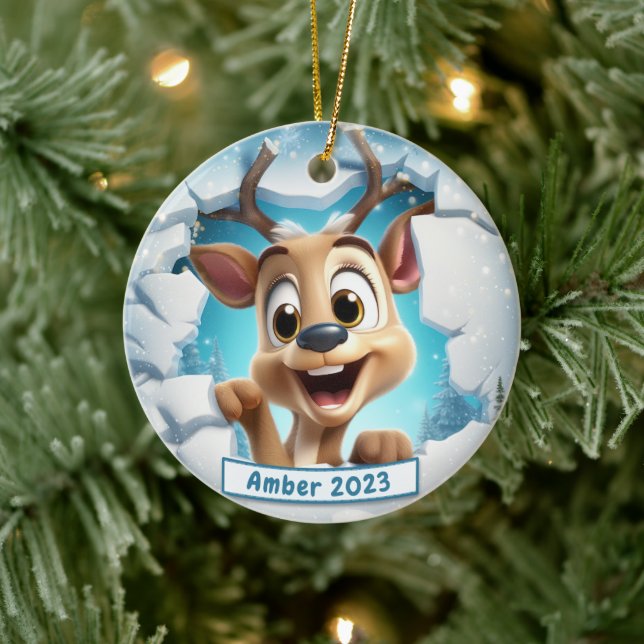 Personalized 3d Breakout Reindeer Christmas Ceramic Ornament (Tree)