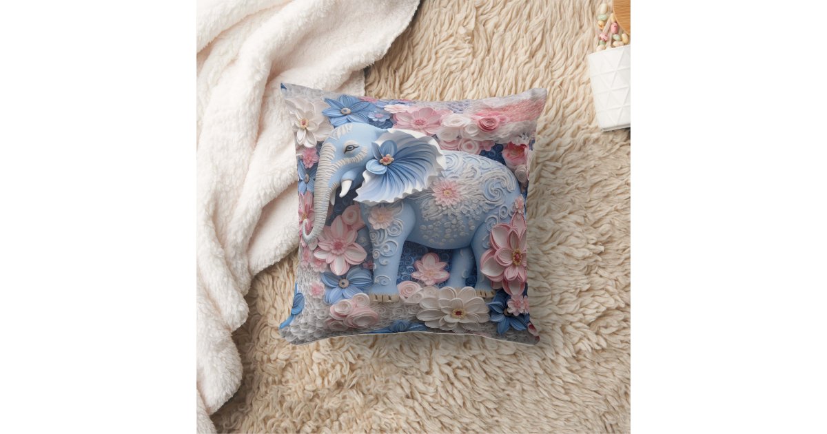 Personalized 3D Cute Floral Blue Elephant Pillow Zazzle