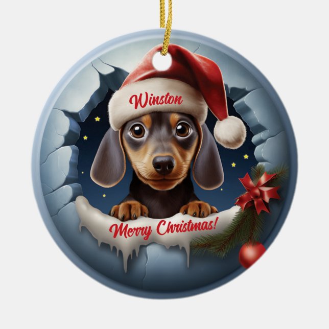 Personalized 3D Look Dachshund with Santa Hat Ceramic Ornament (Front)