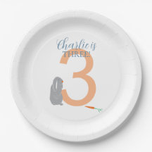 Personalized 3rd Birthday Modern Grey Bunny Plates
