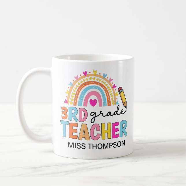 Personalized 3rd Grade Rainbow Teacher Coffee Mug (Left)