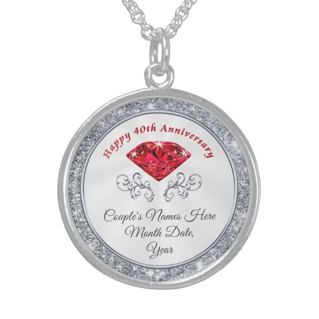 Personalized 40th Anniversary Gift for Wife, Ruby Sterling Silver Necklace (Front)