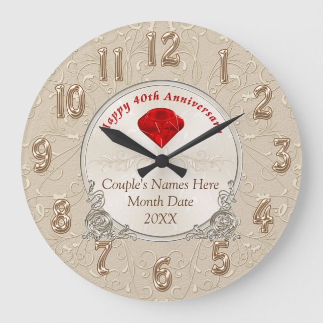 Personalized 40th Anniversary Gifts Ruby Large Clock (Front)