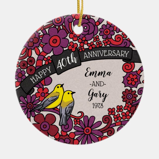 Personalized 40th Anniversary, Ruby Floral Birds Ceramic Ornament (Front)