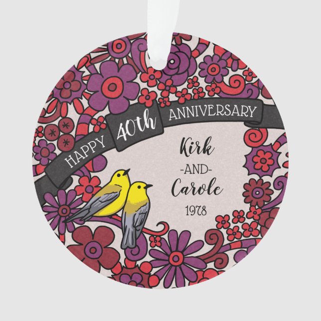 Personalized 40th Anniversary, Ruby Floral Birds Ornament (Front)