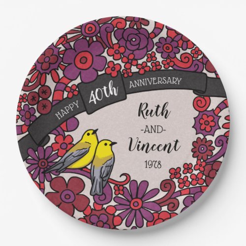 Personalized 40th Anniversary Ruby Floral Birds Paper Plates