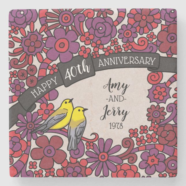 Personalized 40th Anniversary, Ruby Floral Birds Stone Coaster (Front)
