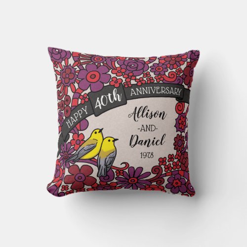 Personalized 40th Anniversary Ruby Floral Birds Throw Pillow