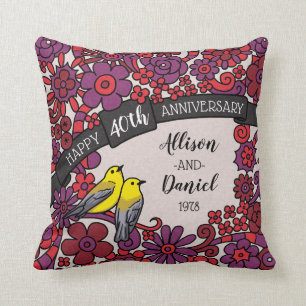 Personalized 40th Anniversary, Ruby Floral Birds Throw Pillow