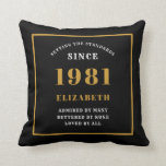 Personalized 40th Birthday 1981 Elegant Chic Black Throw Pillow<br><div class="desc">For those born in 1981 and celebrating their 40th birthday we have the ideal surprise birthday party throw pillow gift. The black background with a white and gold design is simple and yet elegant. Easily customize the text to the front and the interior of these party supplies using the template...</div>