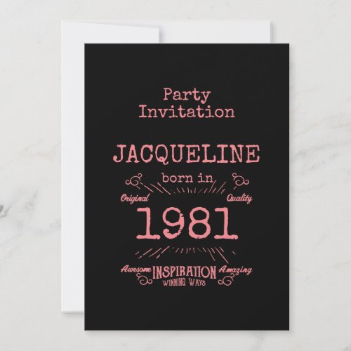 Personalized 40th Birthday 1981 Pink Black Vintage