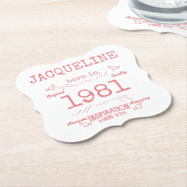 Personalized 40th Birthday 1981 Pink White Elegant Paper Coaster (Angled)