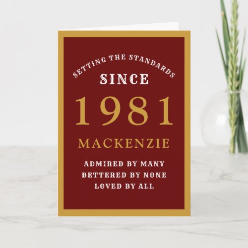 Personalized 40th Birthday 1981 Red Gold Chic Card