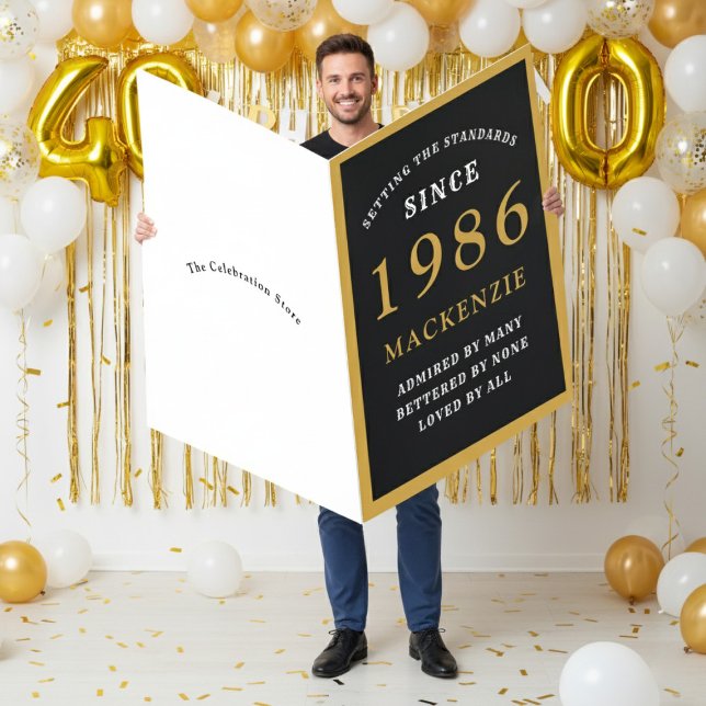 Personalized 40th Birthday 1986 Black Gold Huge Card (1986 giant card with white and gold background.)