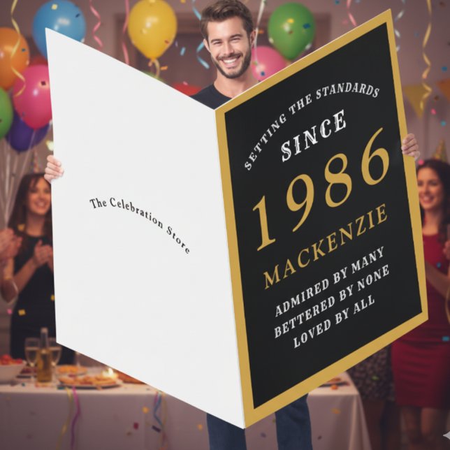 Personalized 40th Birthday 1986 Black Gold Huge Card (Giant 40th birthday card held by a man at a party)