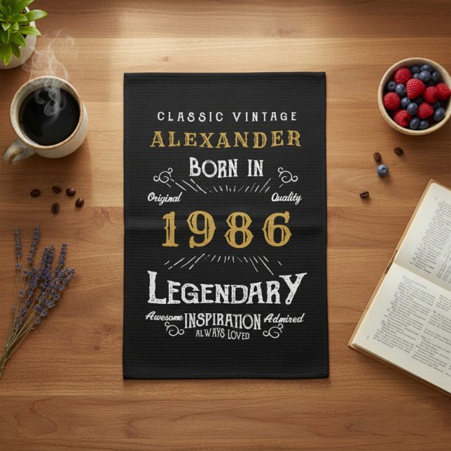 Personalized 40th Birthday 1986 Vintage Legend Kitchen Towel (Born 1986 kitchen towel on a kitchen worktop.)