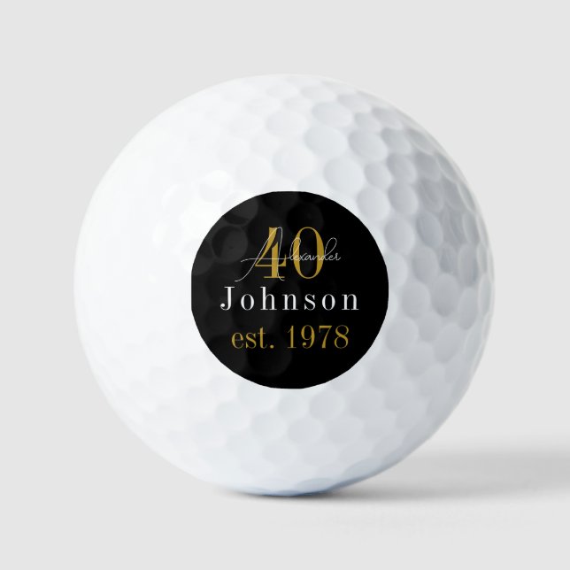Personalized 40th Birthday Black Gold Golf Balls (Front)