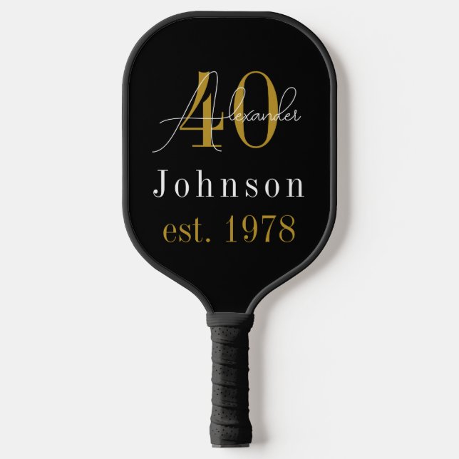 Personalized 40th Birthday Black Gold Pickleball Paddle (Front)