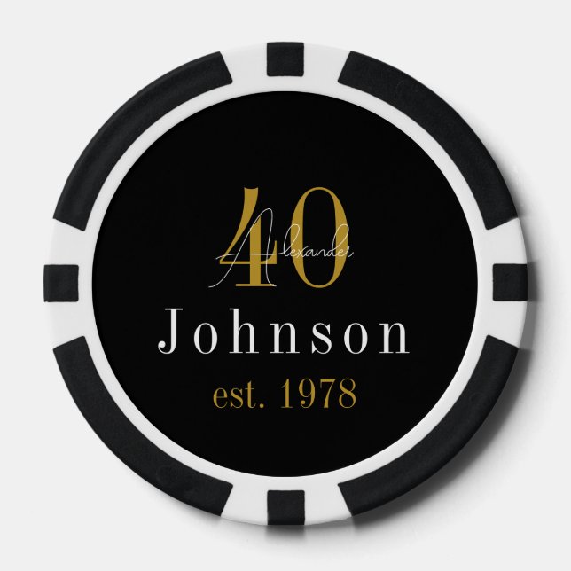Personalized 40th Birthday Black Gold Poker Chips (Front)