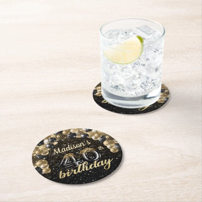 Personalized 40th Birthday Black Gold Round Paper Coaster (Insitu)