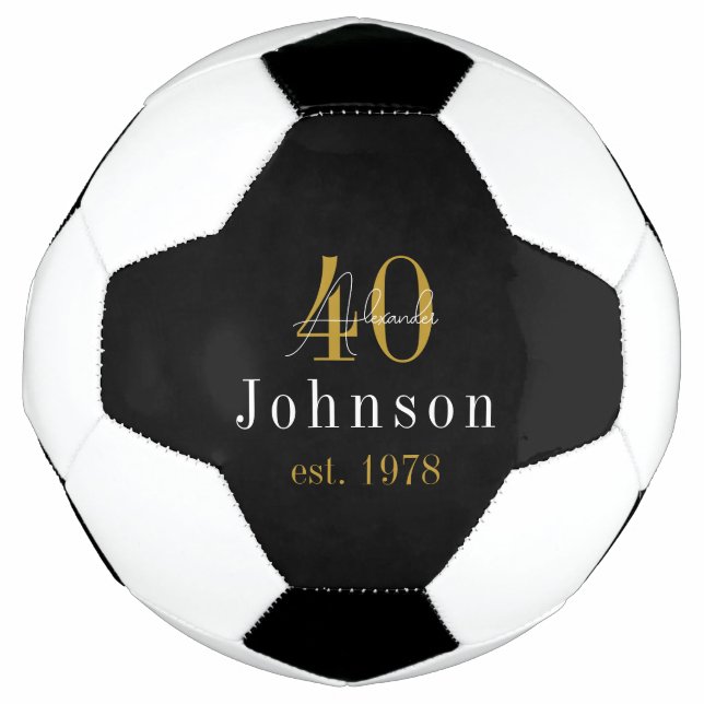 Personalized 40th Birthday Black Gold Soccer Ball (Front)