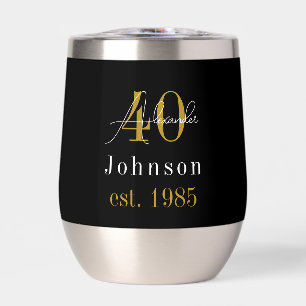Personalized 40th Birthday Black Gold Thermal Wine Tumbler