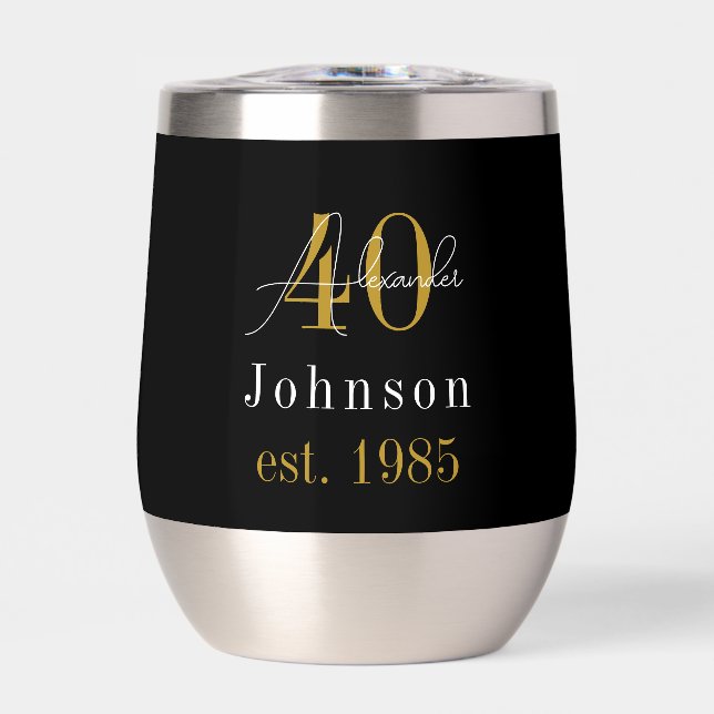 Personalized 40th Birthday Black Gold Thermal Wine Tumbler (Front)
