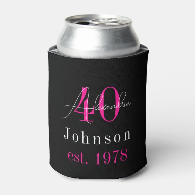 Personalized 40th Birthday Black Hot Pink Can Cooler (Can Front)