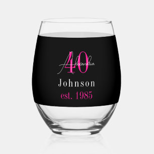 Personalized 40th Birthday Black Hot Pink Stemless Wine Glass