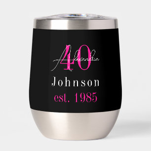 Personalized 40th Birthday Black Hot Pink Thermal Wine Tumbler