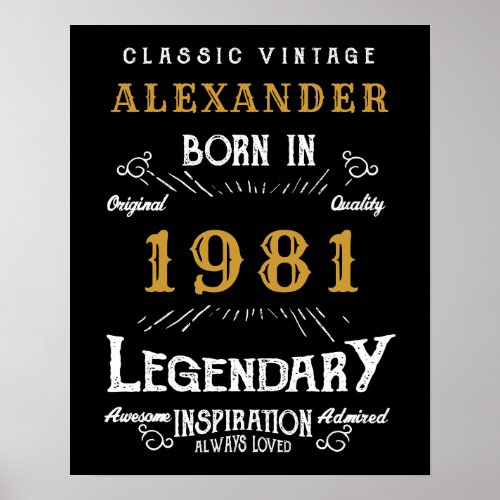 Personalized 40th Birthday Born 1981 Vintage Black Poster
