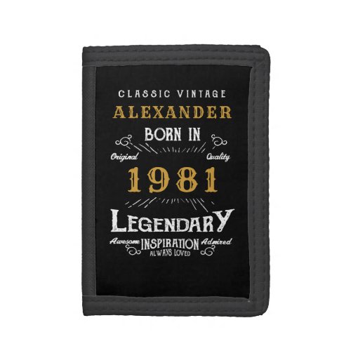 Personalized 40th Birthday Born 1981 Vintage Black Trifold Wallet