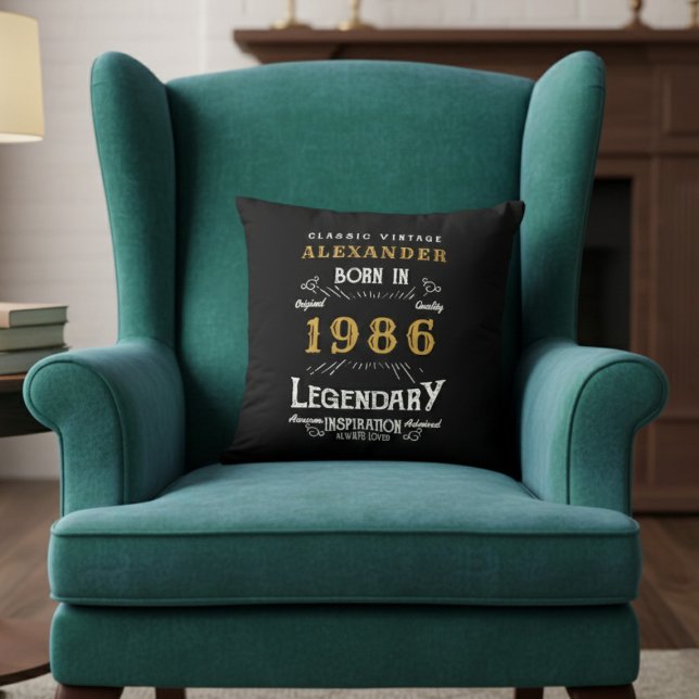 Personalized 40th Birthday Born 1986 Legend Black Throw Pillow (Born 1986 throw pillow on a green chair.)