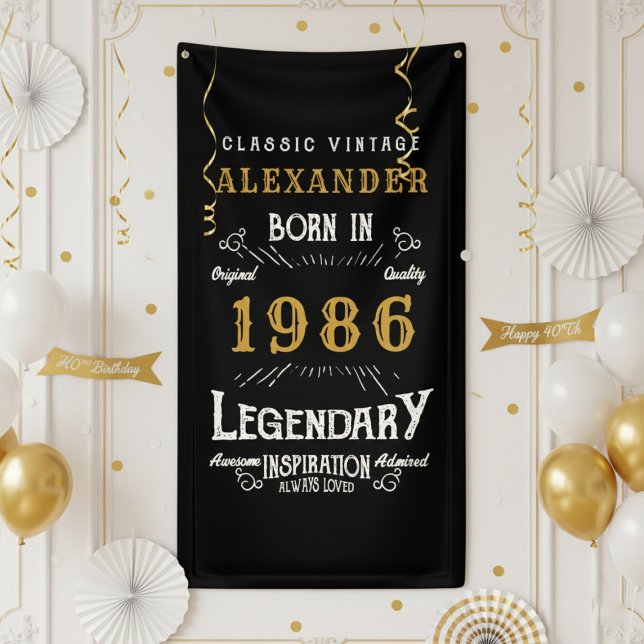 Personalized 40th Birthday Born 1986 Retro Party Banner (1986 birthday wall banner against a white wall)