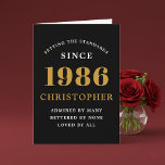 Personalized 40th Birthday Born 1986 Vintage Black Card<br><div class="desc">A personalized classic 40th birthday card for that celebration for somebody born in 1986 and turning 40. Add the name to this chic style black, white and gold design for a custom birthday gift. Easily edit the name and year with the template provided. A wonderful custom black birthday gift. More...</div>