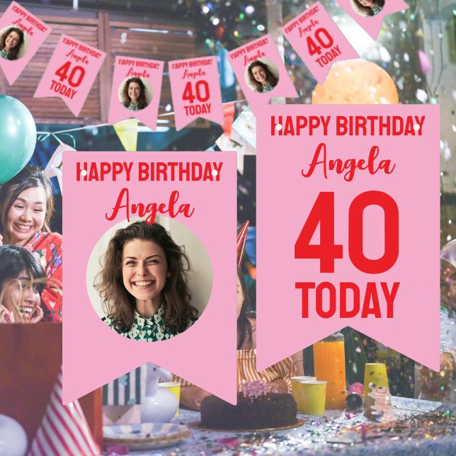 personalized 40th birthday bunting bunting flags (custom 40th birthday bunting in pink and red with photo and happy birthday 40 and date)