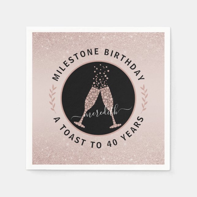 Personalized 40th Birthday Glitter Champagne Toast Napkins (Front)
