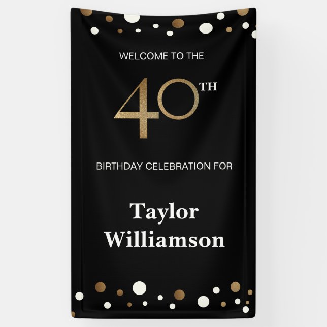 Personalized 40th Birthday Gold and black confetti Banner (Vertical)