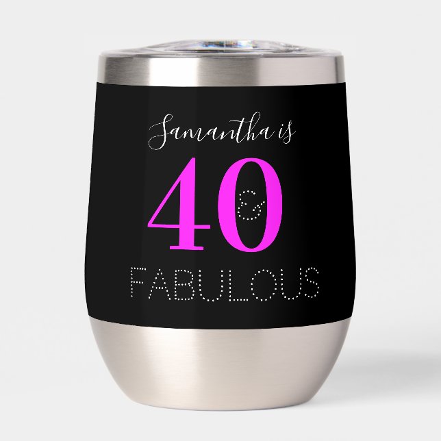Personalized 40th Birthday Neon Pink Party Favor Thermal Wine Tumbler (Front)