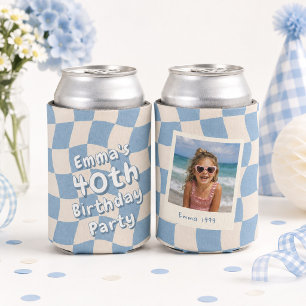 Personalized 40th Birthday Photo Blue Wavy Checker Can Cooler