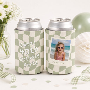 Personalized 40th Birthday Photo Sage Wavy Checker Can Cooler