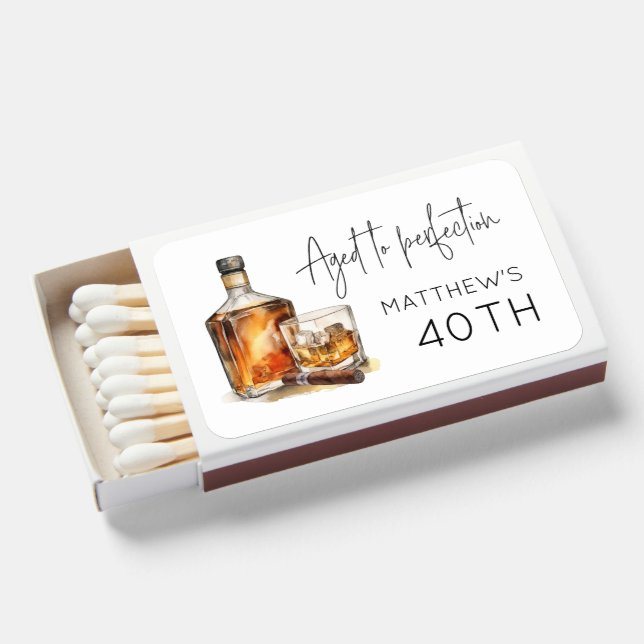 Personalized 40th Birthday Whiskey and Cigar Matchboxes (Front Open)