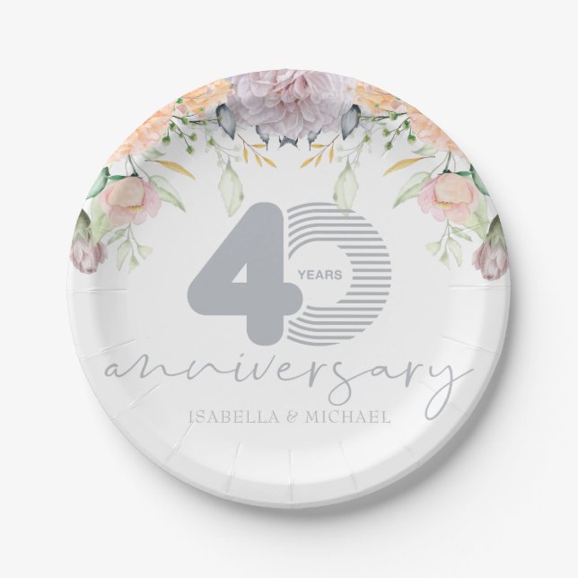 Personalized 40th Wedding Anniversary Floral Paper Plates (Front)