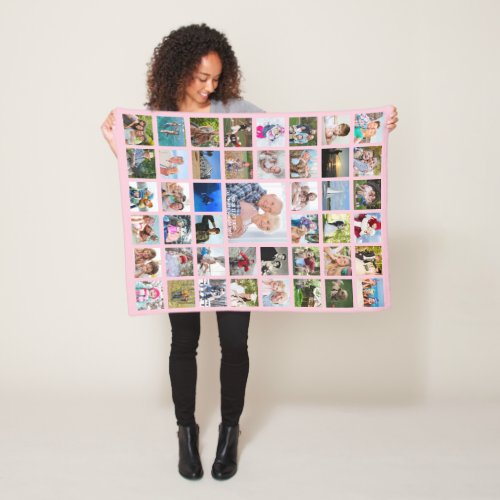  Personalized 45 Photo Collage Pink or Your Color Fleece Blanket