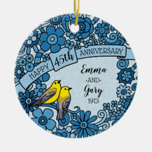 Personalized 45th Anniversary Sapphire Floral Bird Ceramic Ornament
