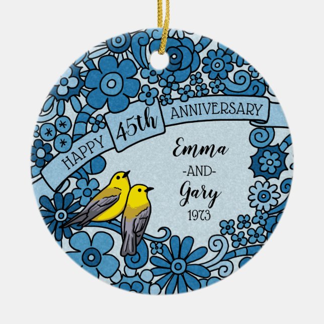 Personalized 45th Anniversary Sapphire Floral Bird Ceramic Ornament (Front)